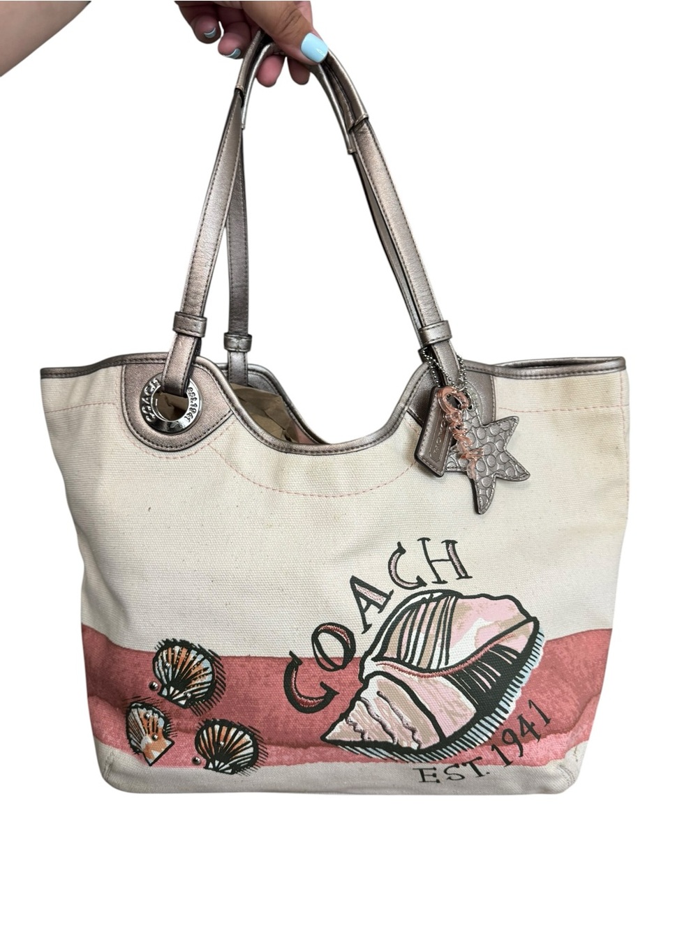 COACH Seashell Canvas Tote w/ Metallic Trim